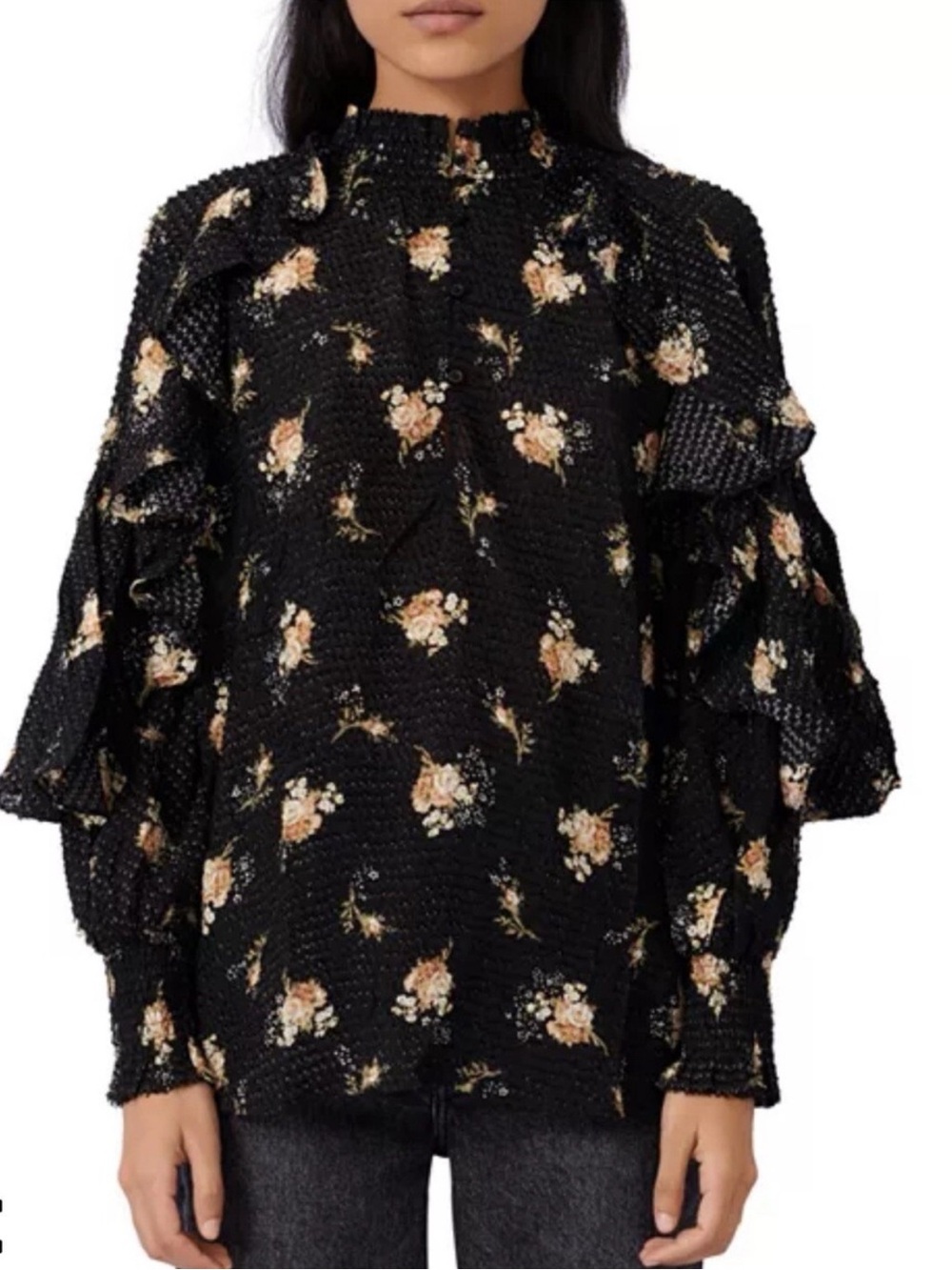 Maje Letril Floral Print Ruffled Top- oversized